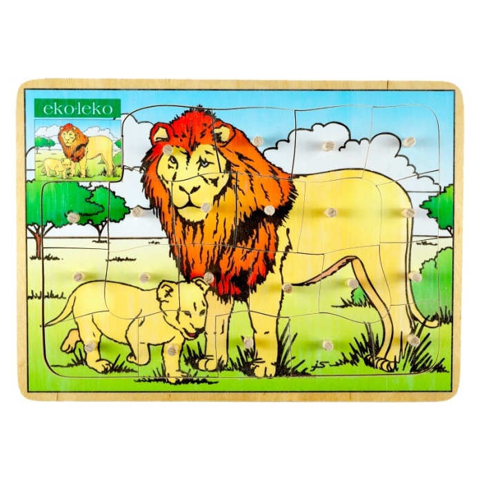 Drewniana układanka lwy z kołeczkami pomoc dla seniora